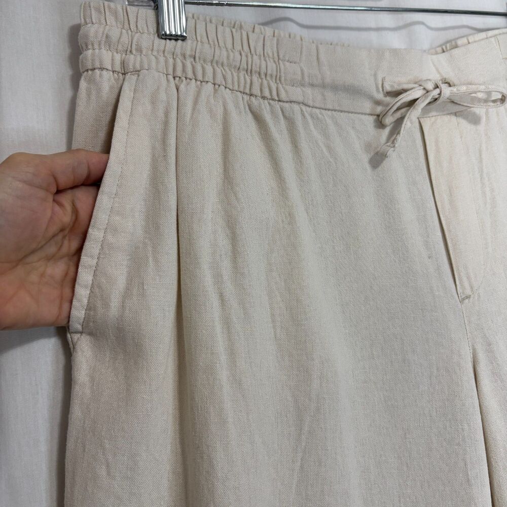 Linen Blend Lt Beige Pants Womens L Drawstring Waist Coastal Beachy Boho Casual - Picture 2 of 8